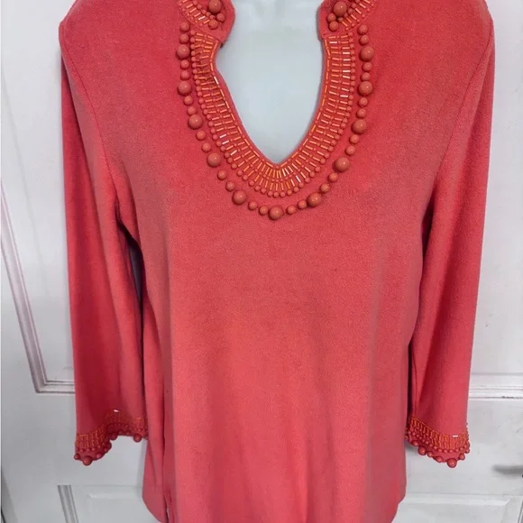 Talbots Orange Cotton V Neck Beaded with Beaded Sleeves.  Petite Medium - Picture 9 of 9